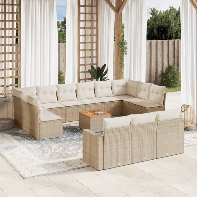 vidaXL - 14-delige - Loungeset - met - kussens - poly - rattan - beige
