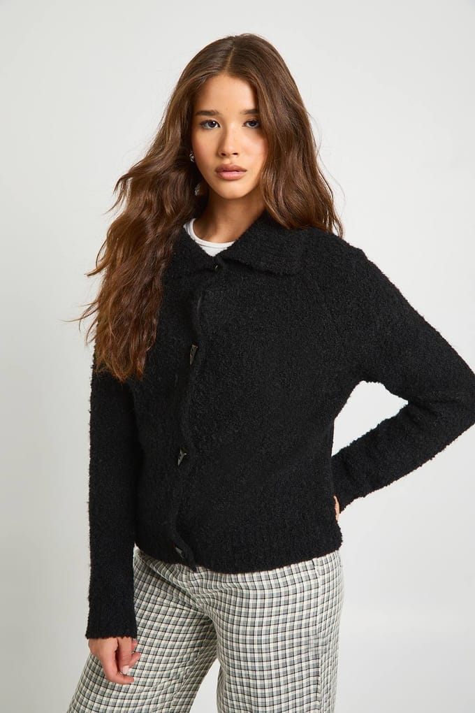 boohoo Dames Overdimensionale boucle gebreide trui met toggleknopen | Black | Maat: Medium