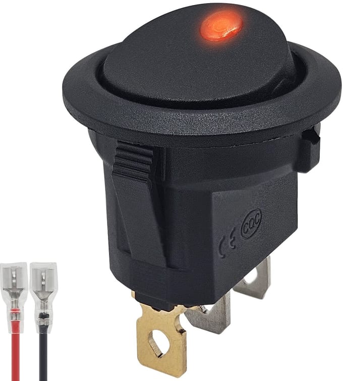 ProRide Wipschakelaar ON-OFF KCD2-12 - met Aansluitkabel - 3 pins - Rond - 12V/20A - LED indicator Rood