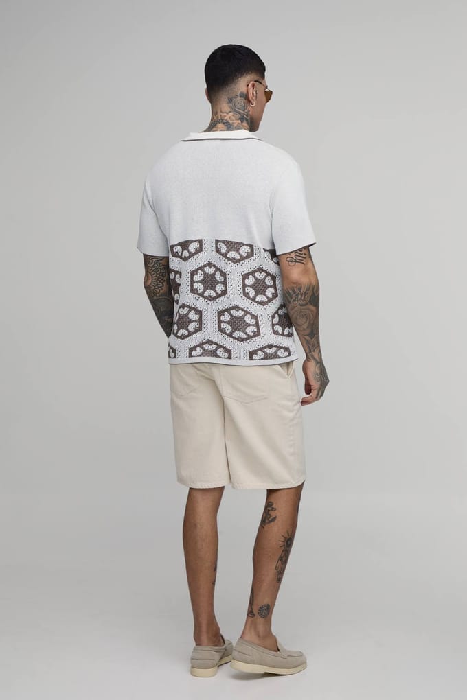 Tall Oversized Boxy Crochet Tapestry Knitted Polo T-Shirt | Taupe | Size Medium