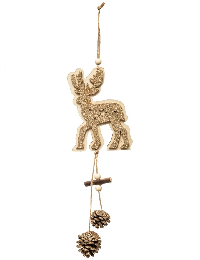 JJA - Hangdecoratie gouden rendier van hout en dennenappels 35 cm