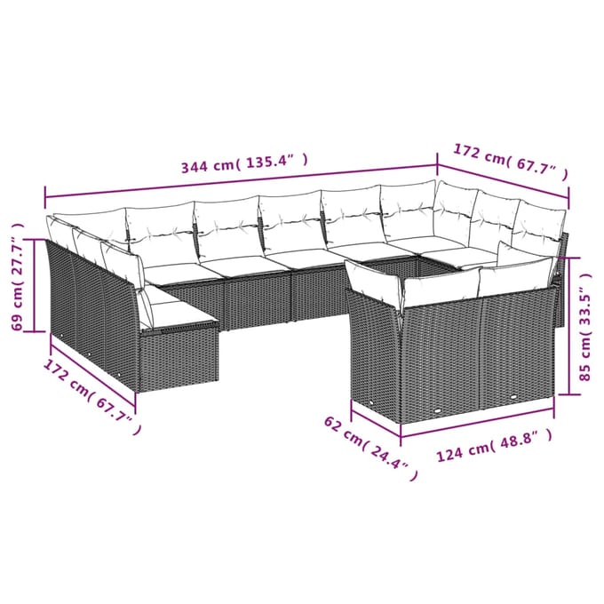vidaXL - 12-delige - Loungeset - met - kussens - poly - rattan - beige