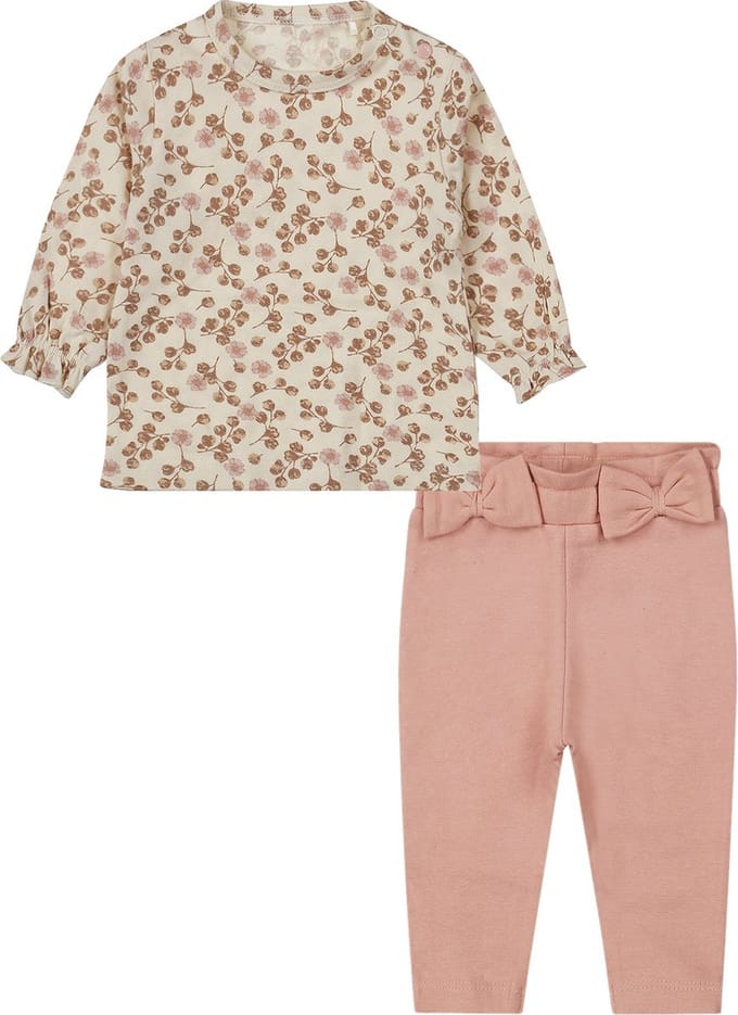 Dirkje - Basic Collection - BIO COTTON - Broek met 2 strikjes light pink- Shirt met bloemen - Maat 68