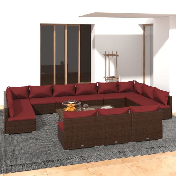 vidaXL - 13-delige - Loungeset - met - kussens - poly - rattan - bruin