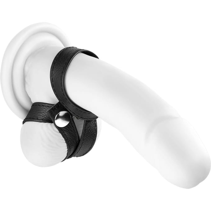 Rimba - Penis Strap met Ballenspreider - Leer - Zwart - Verstelbaar met Drukknopen
