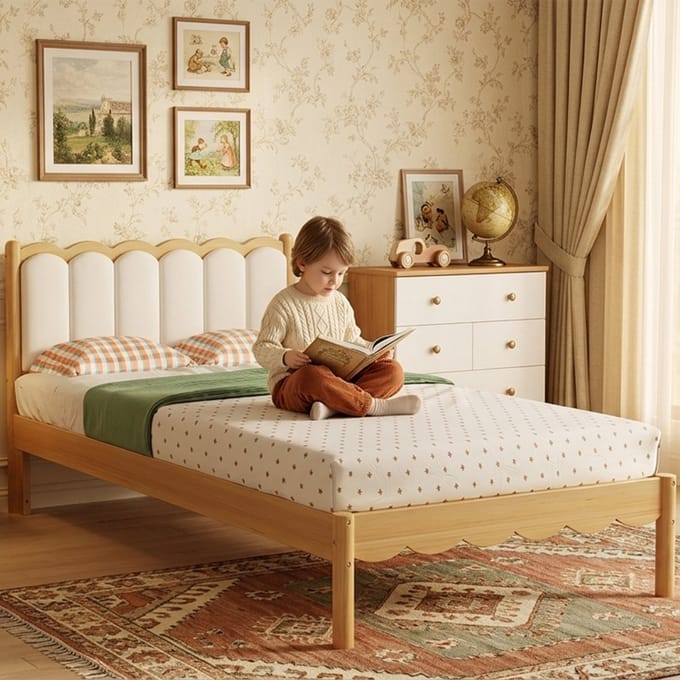 REDOM - Kinderbed - Golvend Ontwerp - Eenpersoonsbed - Houten Frame - Beige En Naturel - 90x200 Cm