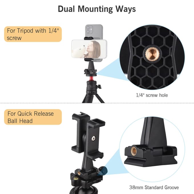 Andoer AD-04 Universele Telefoon Statief Mount met Dubbele Telefoonhouders Verticale Horizontale Telefoonklem 4 zwart