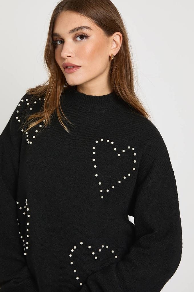 boohoo Dames Pearl Heart High Neck Trui | Black | Maat: Small