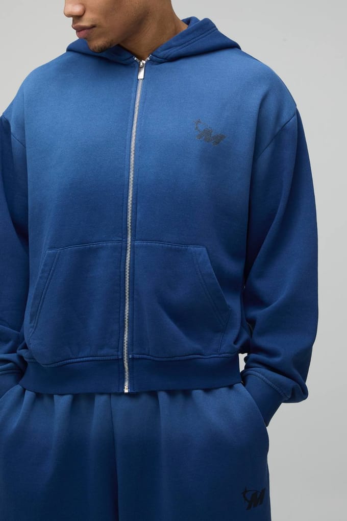 Oversized Boxy Ombré Washed M Star Zip-through Hooded Jort Trainingspak | Blue | Size Medium