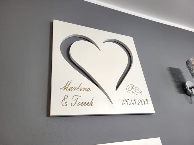 Moliland - Groot Wit Harten Wanddecoratie - Huwelijkscadeau - Met Gegraveerde Ringen