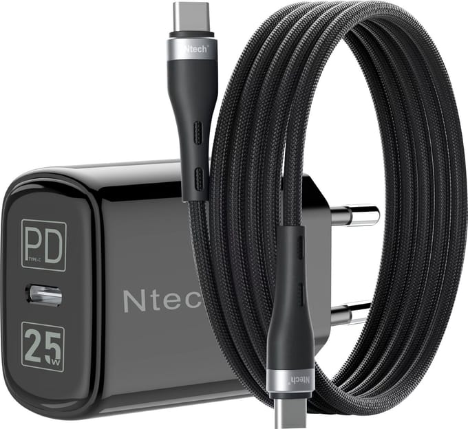 USB C Adapter 25W - usb c oplader - met (1m) USB C kabel Nylon - Zwart