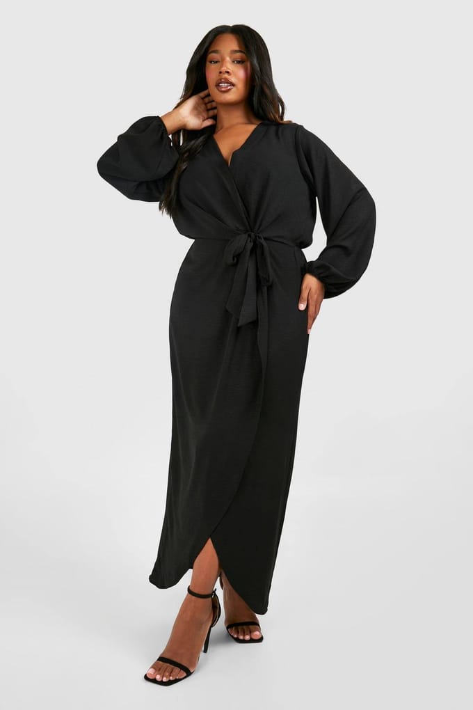 boohoo Dames Plus Gestructureerde Maxi-Jurk met Strikdetail | Black | Maat: 20