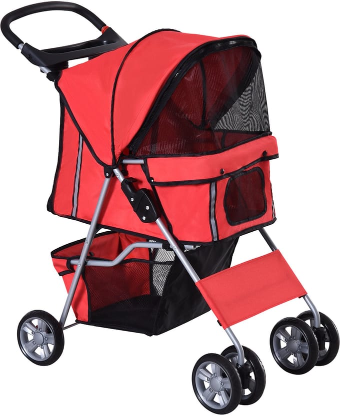 Opvouwbare hondenbuggy met bekerhouder en zonnekap - rood