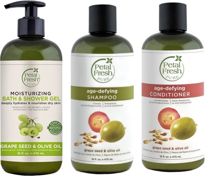 PETAL FRESH - Grape Seed & Olive Oil - Bath & Shower Gel + Shampoo + Conditioner - 3 Pak
