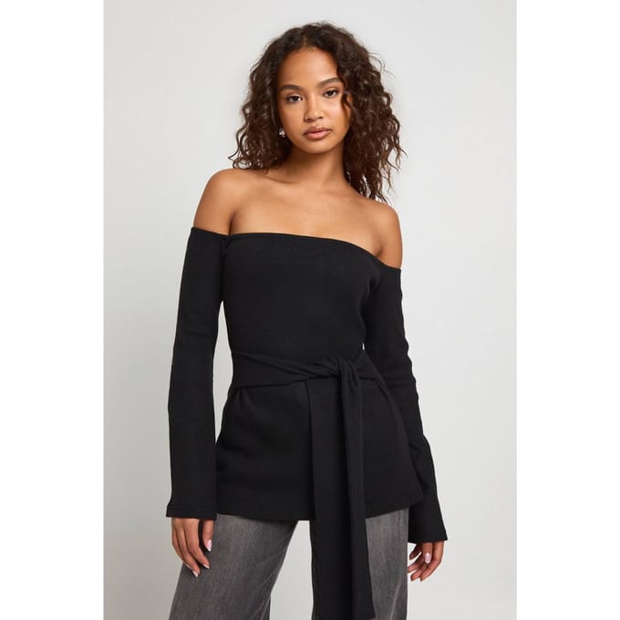 boohoo Dames Geborsteld rib Bardot strik taille Lonline top | Black | Maat: 6