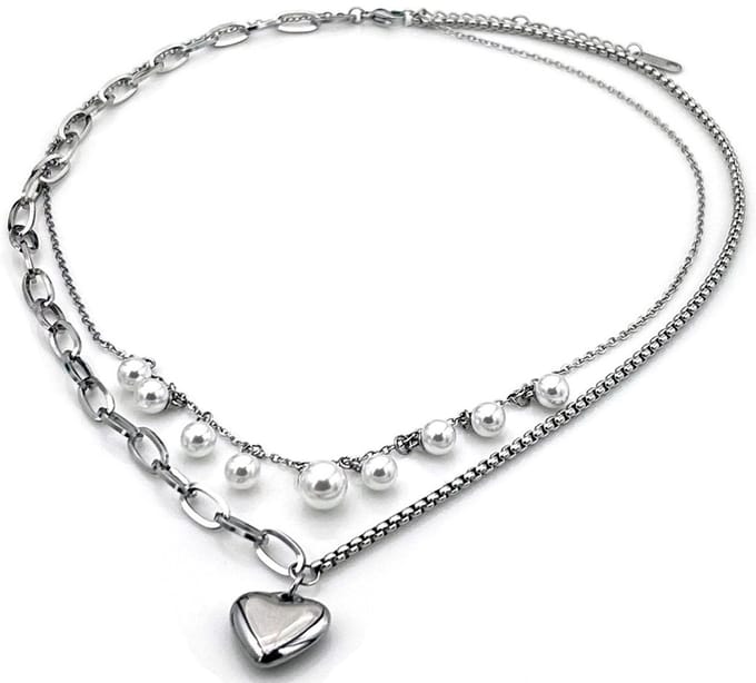 Ketting layered hart met parels - RVS – valentijn – cadeau