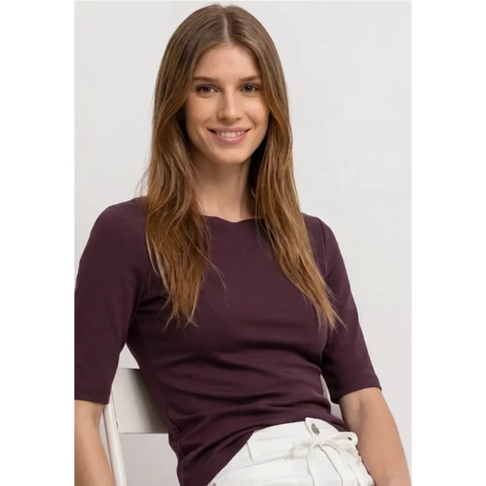 Shirt met golvende halslijn in effen kleur