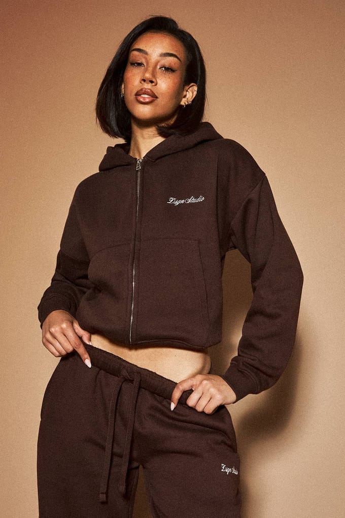 Dames Dsgn Studio Boxy Hoodie Met Rits | Dark Chocolate | Maat: Medium