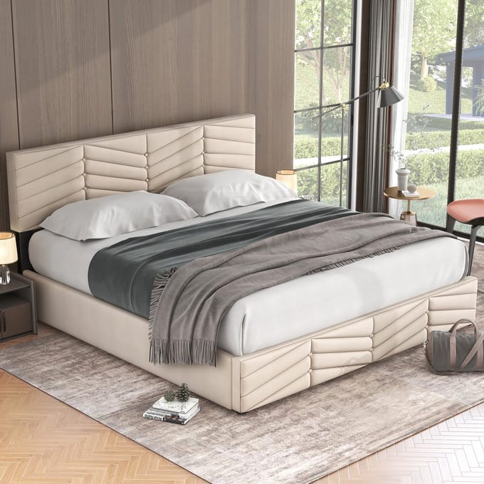 Sweiko Stoffering Bed, Dubbel Bed, Hydraulisch Functioneel Bed, Fluweel, Stripe Style, Continental Bed, Hoogte Verstelbaar Hoofdbord, 160 x 200, Beige