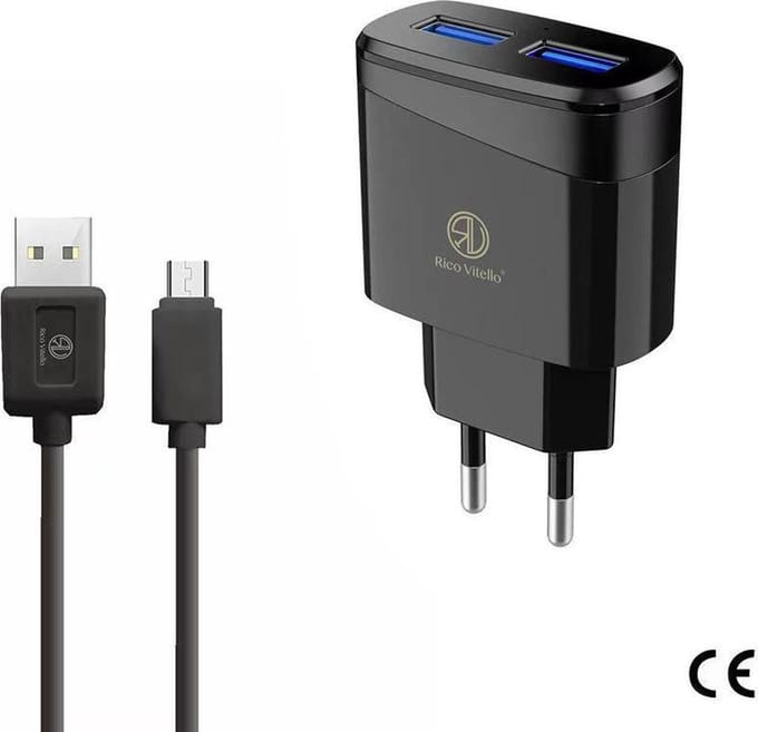 Oplader Rico Vitello, thuislader 2,4A  en kabel 1 meter zwart, Micro USB kabel , travel charger , CE certificate