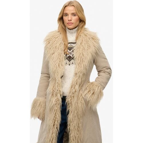 Superdry Long Afghan Jas Beige L Vrouw