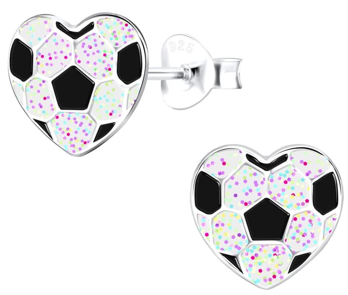 Joy|S - Zilveren hartje oorbellen - voetbal - glitter wit - 9 mm