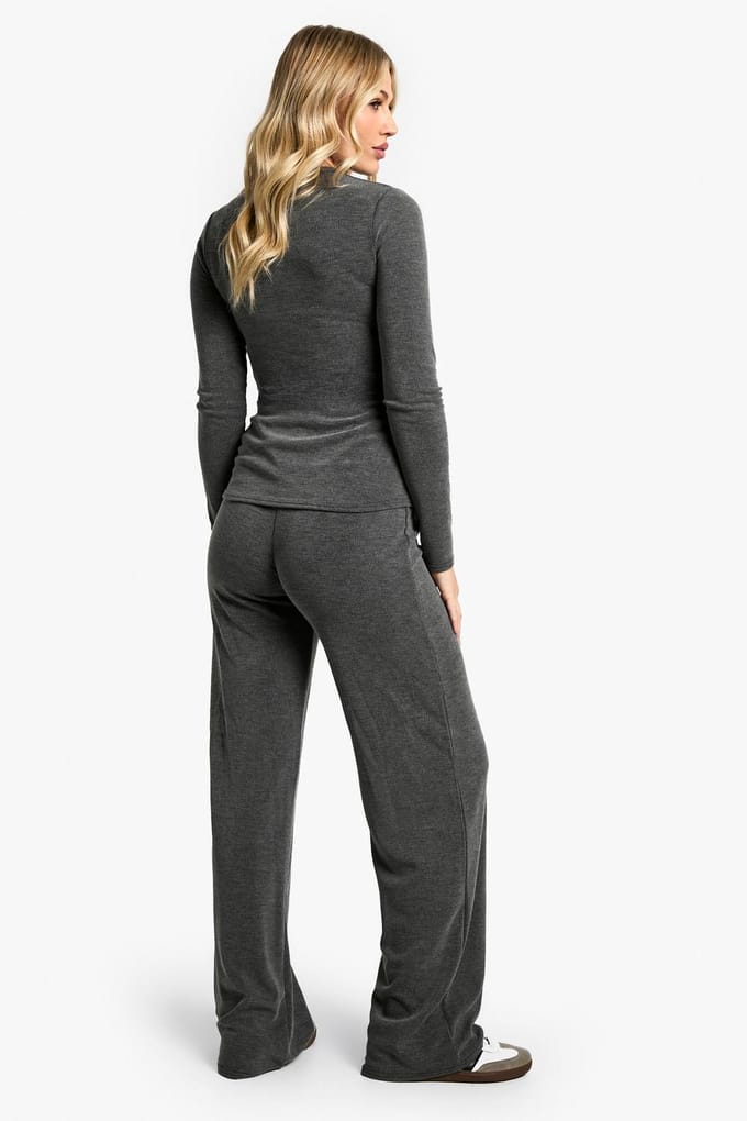 boohoo Dames Maternity Soft Knit Button Cardigan & Wide Leg Trouser | Houtskool | Maat: 36