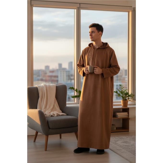 Heren bruine Eid Marokkaanse Jubba Robe Ramadan Eid Thobe LFS met capuchon - HM12