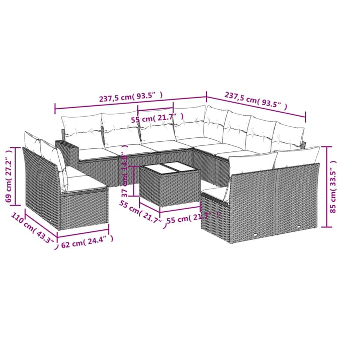 vidaXL - 12-delige - Loungeset - met - kussens - poly - rattan - beige