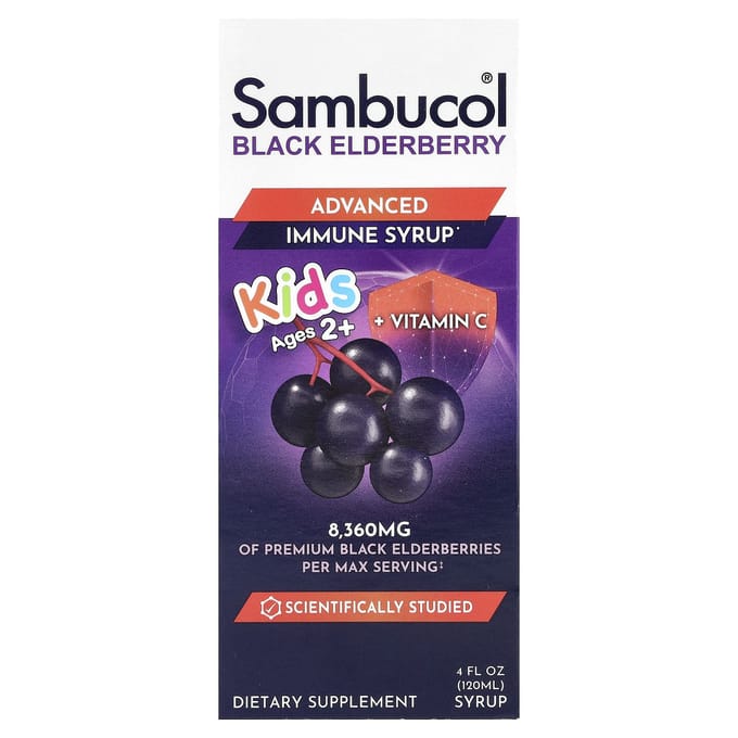 Kindersiroop met zwarte vlierbes, ter versterking van het immuunsysteem, voor kinderen vanaf 2 jaar, bessensmaak, 120 ml (4 fl oz)