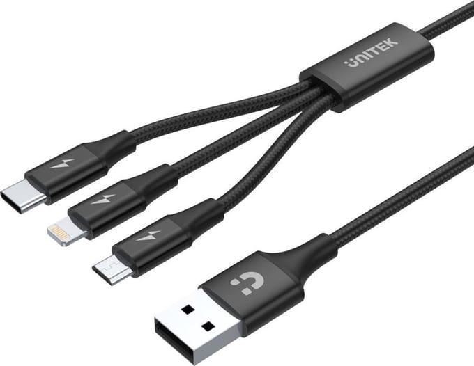 Unitek 3-In-1 Usb-Kabel Voor Lightning, Apple, Iphone, Ipad, Telefoon En Tablet, Zwart