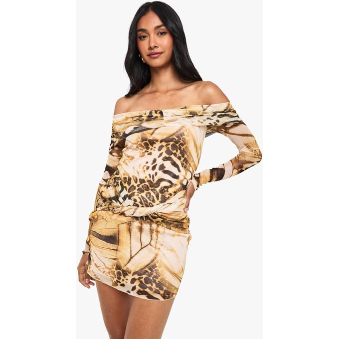 boohoo Dames Abstracte Mesh Twist-Front Bardot Mini-jurk | Brown | Maat: 12