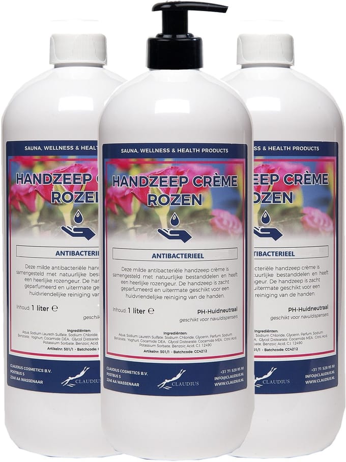 Handzeep Crème Rozen 1 liter - met gratis pomp - set van 3 stuks