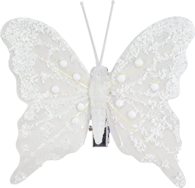 Vlinderdecoratie in wit op clip 7,5cmx7cm 4 stuks