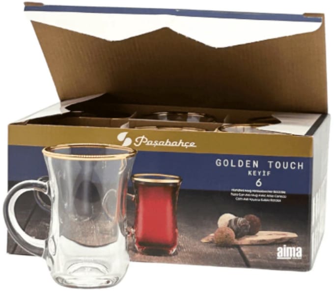 Paşabahçe Golden Touch Keyif - Set van 6 glazen - Theeglazen - Gouden Rand - 145 ml