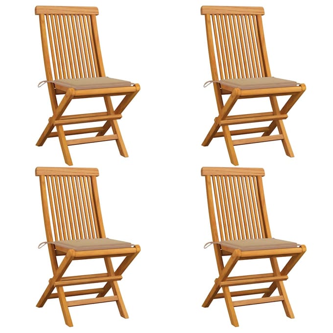 vidaXL - Opklapbare - stoelen - met - beige - kussens, - 4 - stuks, - massief - teakhout