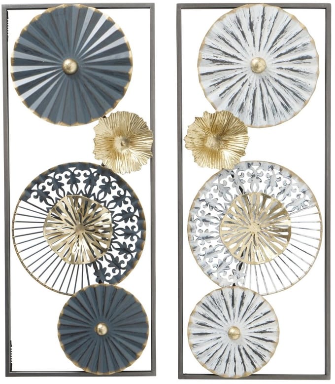 wandobject mirso set van twee grijs wit goud - metaal tweeluik wanddecoratie 3x25x61 cm