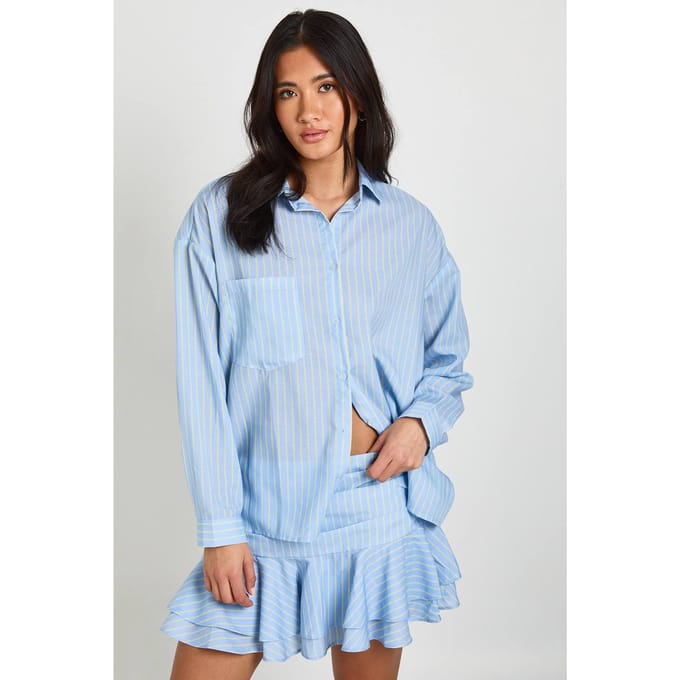 boohoo Dames Geplooid Minirokje Met Ruches Zoom En Streepprint | Blue | Maat: 14