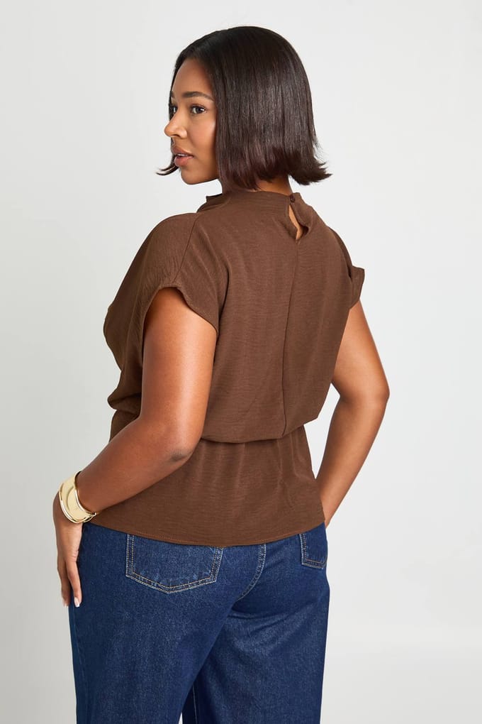 boohoo Dames Plus Knot blouse met vallende kraag | Chocoladebruin | Maat: 44