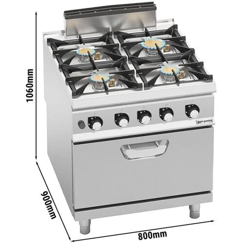GGM Gastro Gasfornuis - Paolo 900 - 800x900mm - 35,8 kW - 4 pits - incl. gas statische oven - 7,8 kW zilver