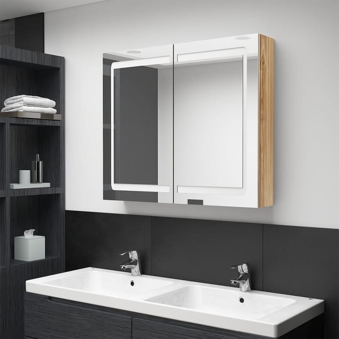 vidaXL - Badkamerkast - met - spiegel - en - LED - 80x12x68 - cm - eikenkleurig