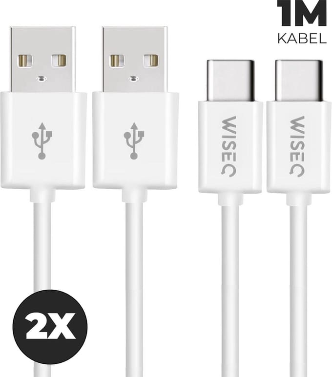 2 stuks USB C naar USB kabel 1m - snellaadkabel met USB C aansluiting – set van 2 - geschikt voor Samsung en iPhone 17 / 16 / 15 - wit - WiseQ