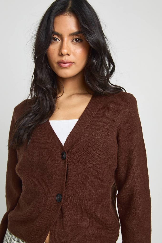 boohoo Dames Asymmetrische gebreide cardigan | Chocoladebruin | Maat: Large