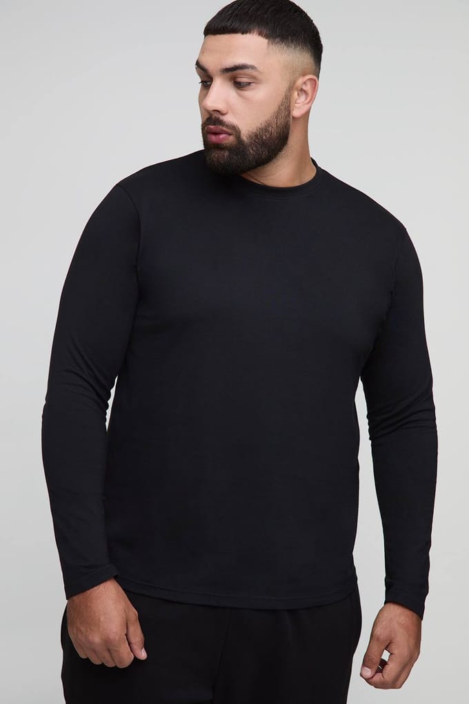 Plus Regular Fit Long Sleeve Crew Neck T-Shirt | Black | Size 2XL