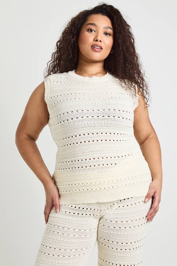 boohoo Dames Plus Gehaakte Gebreide Longline Top En Broek Co-ord | Creme | Maat: 48