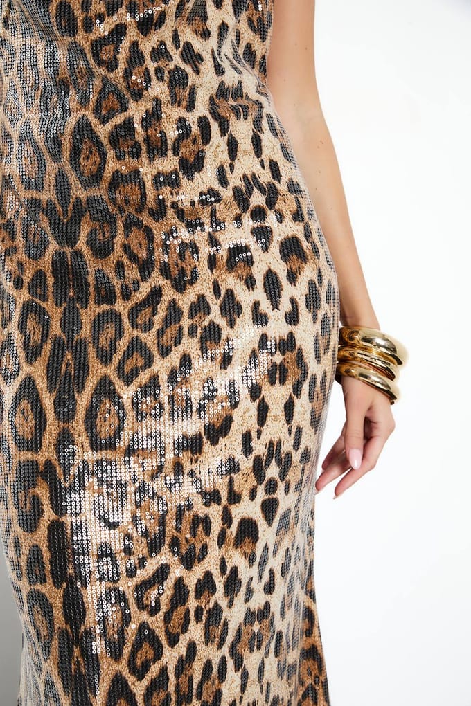 boohoo Dames Cowl Neck Luipaard Sequin Maxi Jurk | Brown | Maat: 14