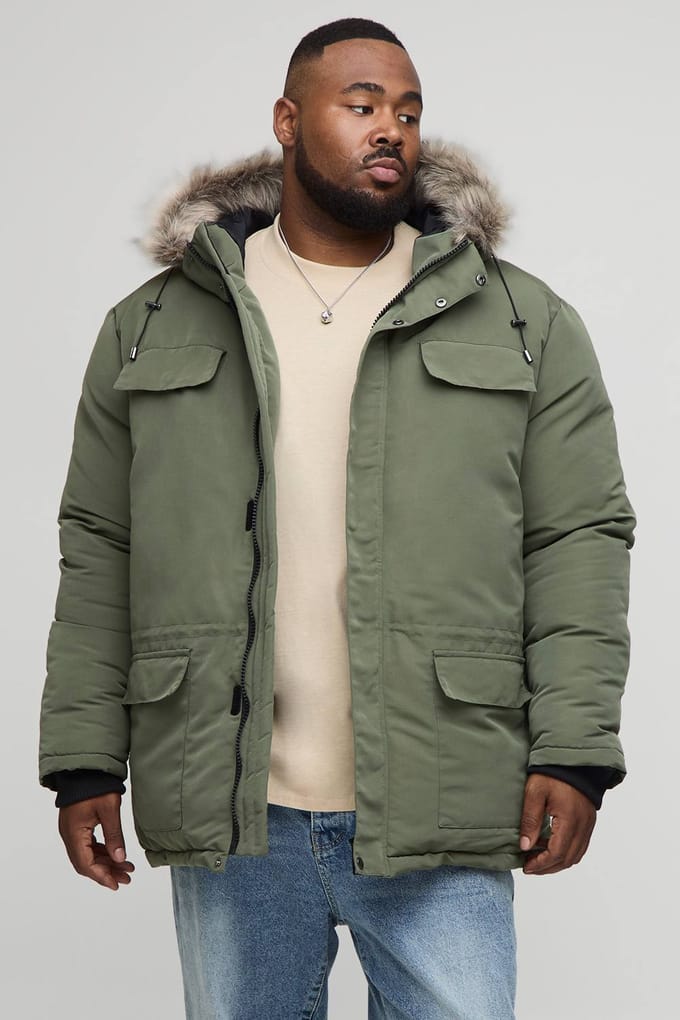 Plus Faux Fur Hooded Arctic Parka Jacket in Black | Khaki | Size 2XL