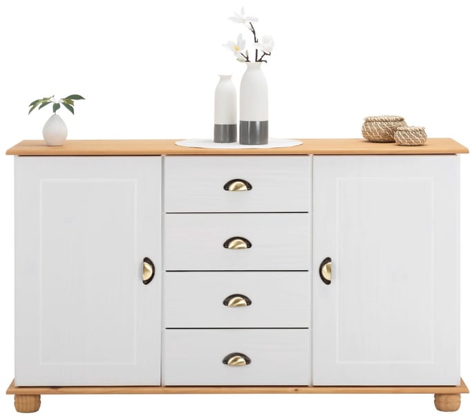 Servieskast COLMAR 135 cm met 2 deuren en 4 lades van massief hout - wit/bruin