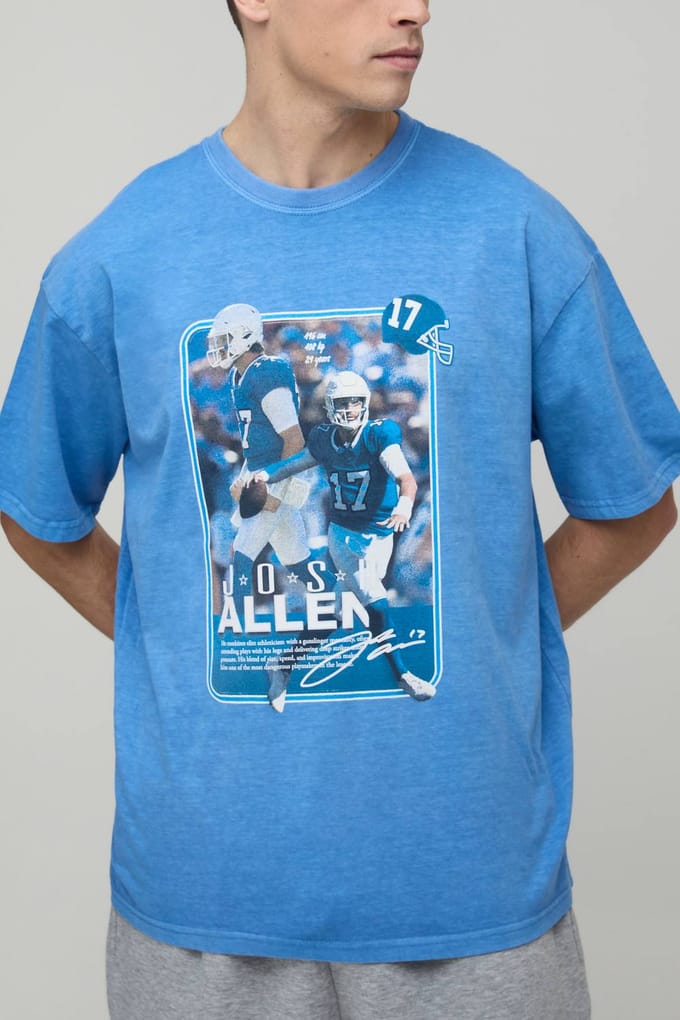 Oversized Nflpa Josh Allen Licentie Gewassen Bedrukt T-shirt | Blue | Size Medium