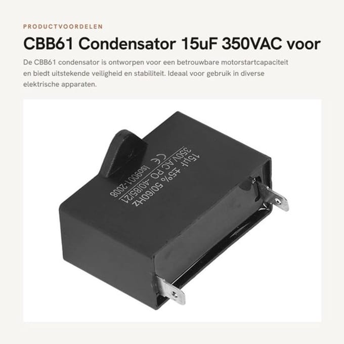 CBB61 Condensator 15uF 350VAC voor Motoren